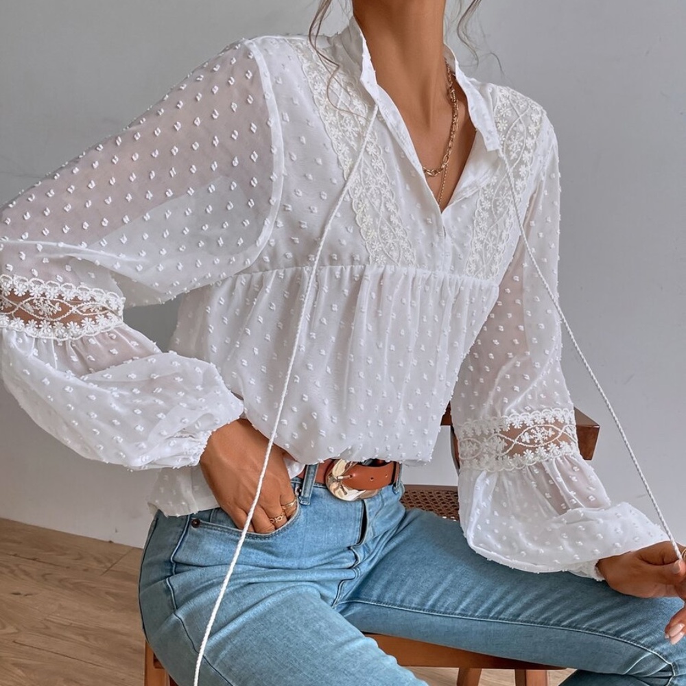 Boho White Swiss Dot Tassel Neck Tie Top - Picture 6 of 7